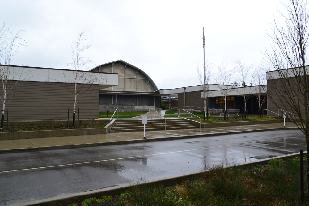 Orcas middle school building, cafeteria, and old gym.