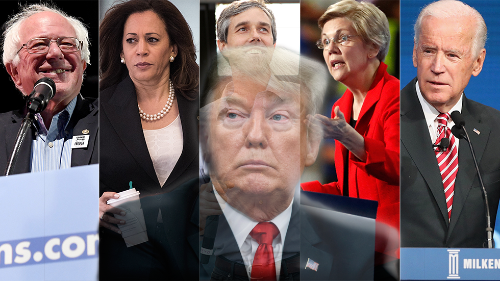 Bernie Sanders, Kamala Harris, Beto O'Rourke, Elizabeth Warren, Joe Biden, and Donald Trump
